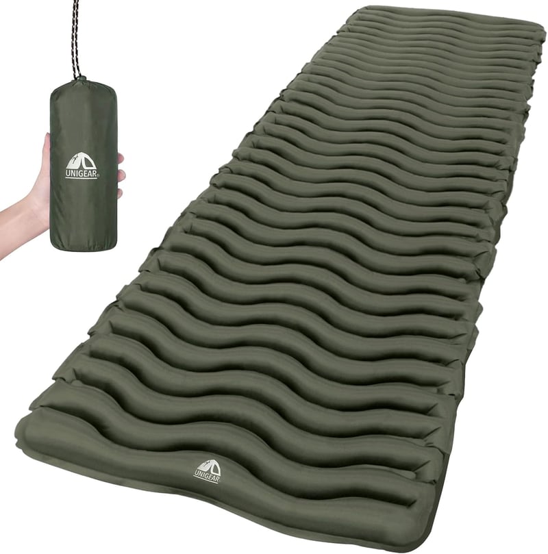 Unigear Sac de dormit de camping, saltea gonflabilă, impermeabil, ușor, verde, pentru exterior.