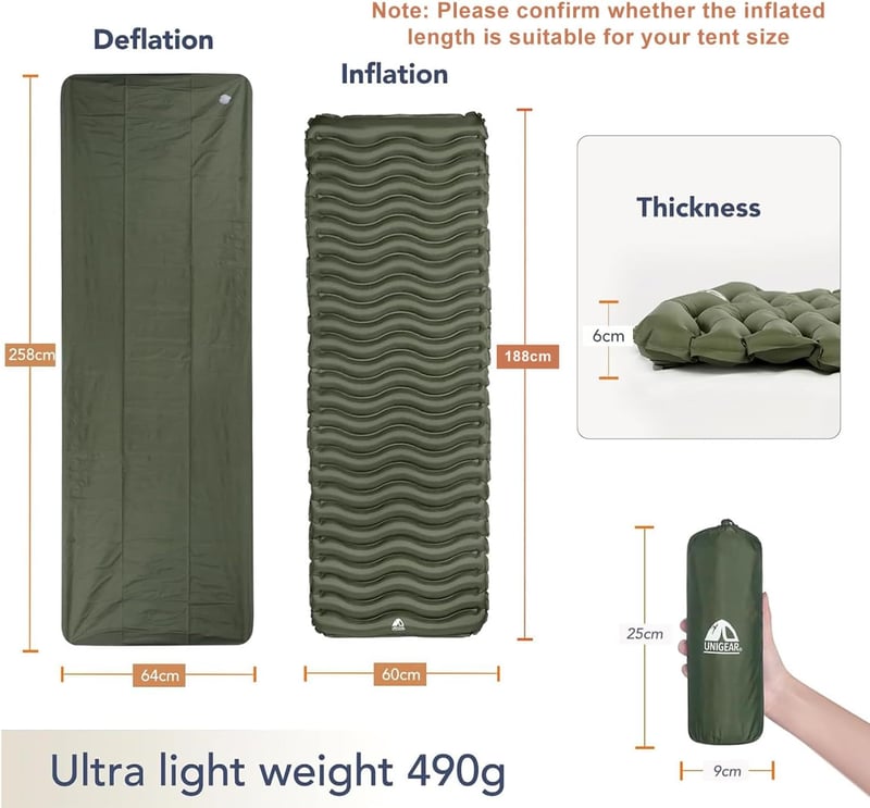 Unigear Sac de dormit de camping, saltea gonflabilă, impermeabil, ușor, verde, pentru exterior.