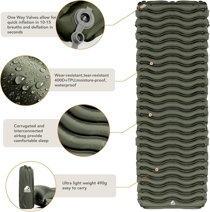 Unigear Sac de dormit de camping, saltea gonflabilă, impermeabil, ușor, verde, pentru exterior.
