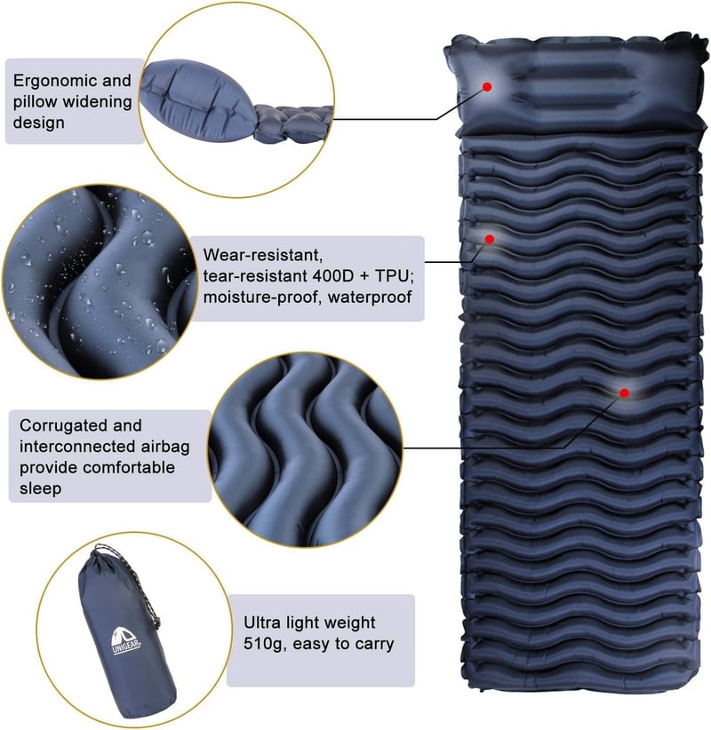 Unigear Felfújható Hálózsák Matrac Kék Beépített Párnával - Ultrakönnyű Vízálló Kemping Matrac 188x60cm 550g - Dark Blue With Cushion