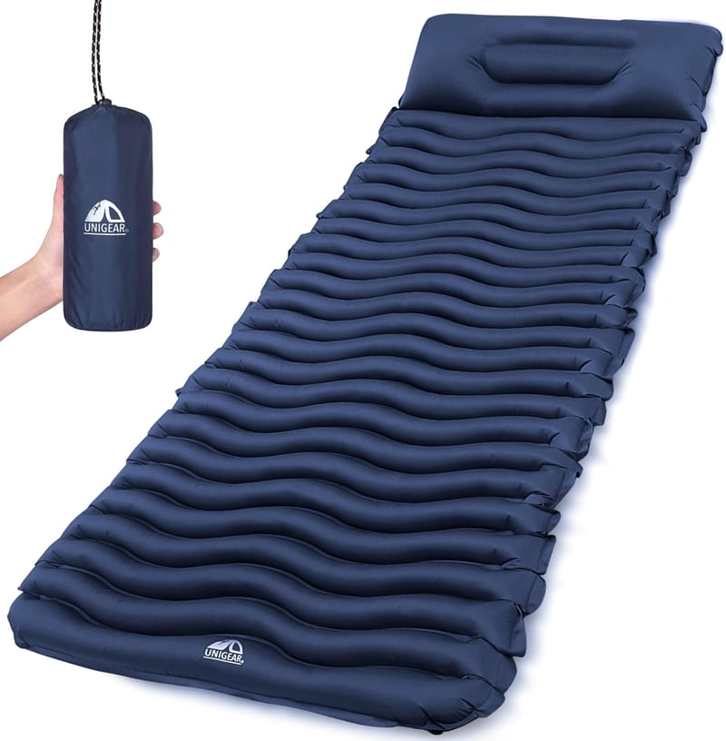 Unigear Felfújható Hálózsák Matrac Kék Beépített Párnával - Ultrakönnyű Vízálló Kemping Matrac 188x60cm 550g - Dark Blue With Cushion