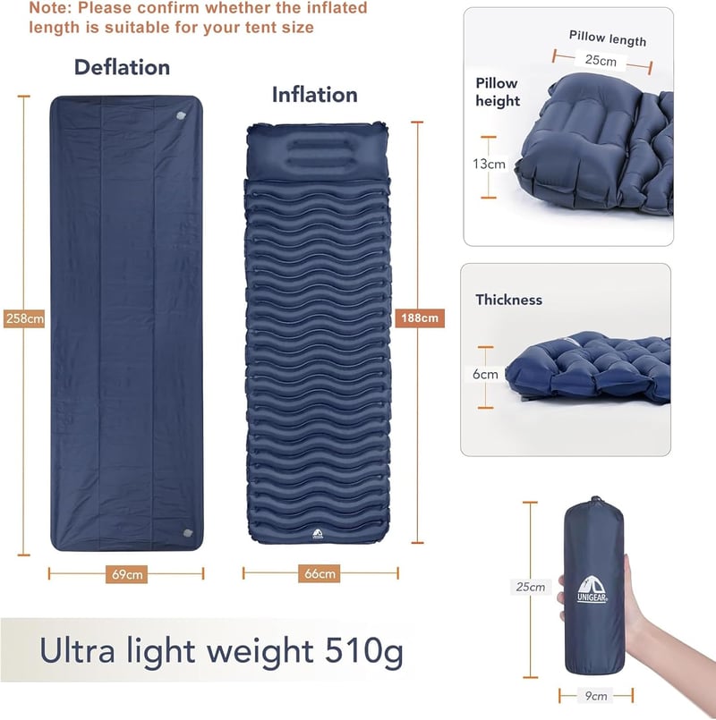 Unigear Felfújható Hálózsák Matrac Kék Beépített Párnával - Ultrakönnyű Vízálló Kemping Matrac 188x60cm 550g - Dark Blue With Cushion