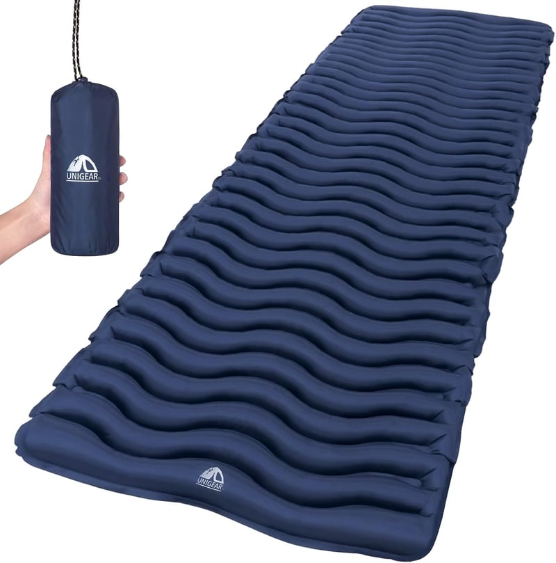Unigear Felfújható Kempingmatrac - Ultrakönnyű Hálózsák Alátét Beépített Párnával, Vízálló, Csúszásgátló, Sötétkék, 188x60cm, Túrázáshoz

AI