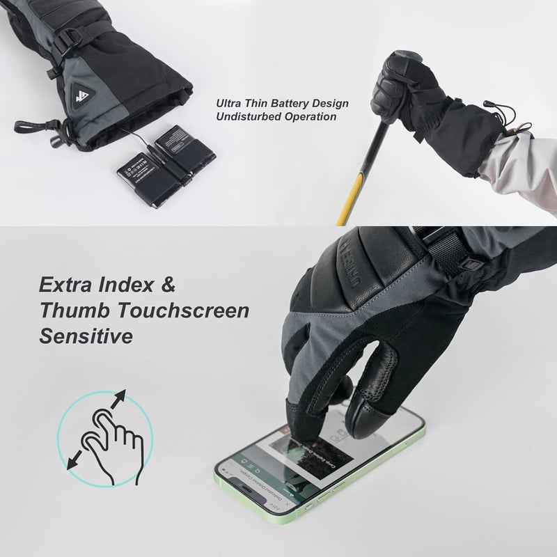 Unigear fűthető kesztyű férfiaknak és nőknek, 3 fokozat, vízálló érintőképernyő - XL, Black / Grey