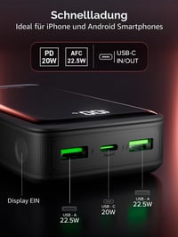 UNIQO Power LCD 20K Powerbank 20000mAh – PD 3.0 PPS 22,5W gyorstöltés, LCD kijelző, USB-C, USB-A, iPhone töltő, hordozható, fekete 3