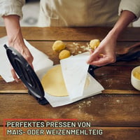 Uno Casa liatinový lis na tortilly 25 cm – výrobník na roti a tacos, so 100 ks papiera na pečenie, na pšeničné tortilly, dosu a knedličky 6