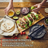 Uno Casa liatinový lis na tortilly 25 cm – výrobník na roti a tacos, so 100 ks papiera na pečenie, na pšeničné tortilly, dosu a knedličky 7