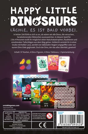 Unstable Games Happy Little Dinosaurs osnovna kartaška igra za 2-4 igrača, od 8 godina naviše, trajanje igre 30-60 minuta, društvena igra na mađarskom jeziku