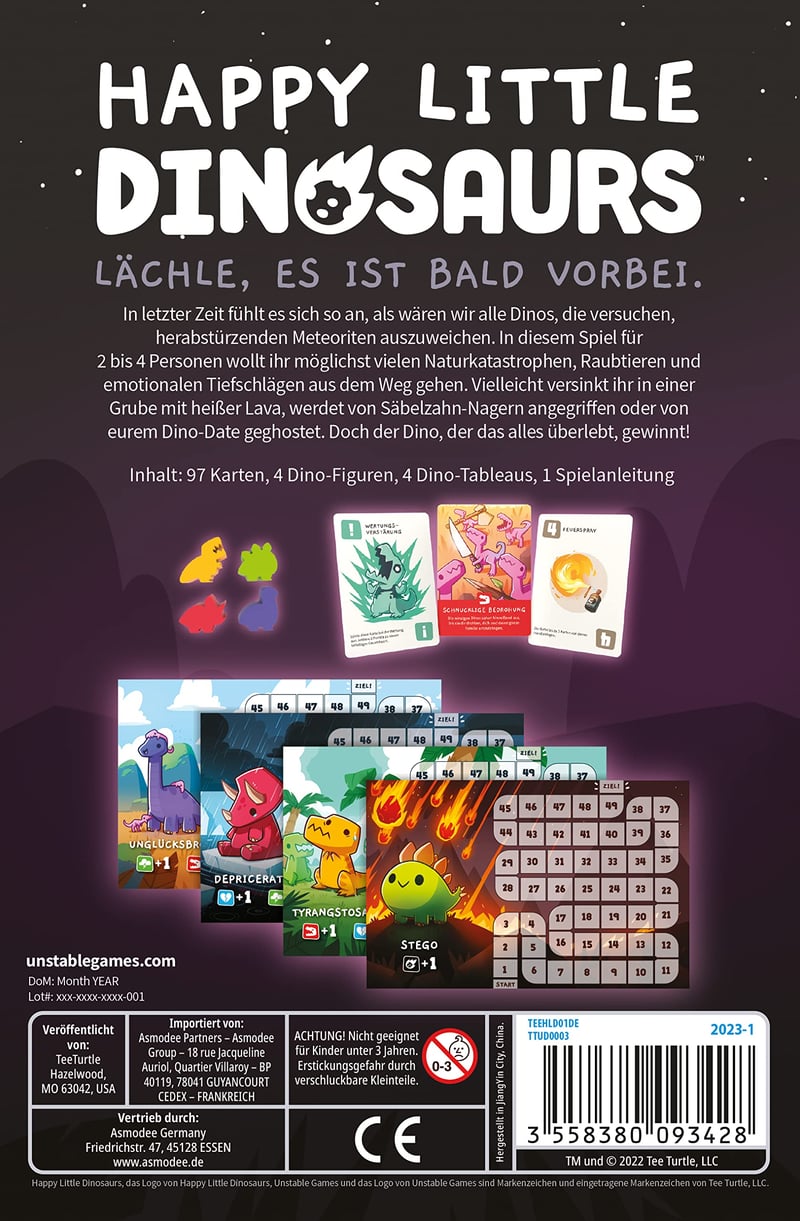 Unstable Games Happy Little Dinosaurs osnovna kartaška igra za 2-4 igrača, od 8 godina naviše, trajanje igre 30-60 minuta, društvena igra na mađarskom jeziku