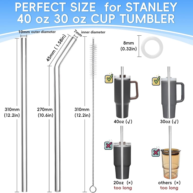 UPUPGO 6 db üveg szívószál 31 cm Stanley pohárhoz 30-40 oz + 2 tisztítókefe