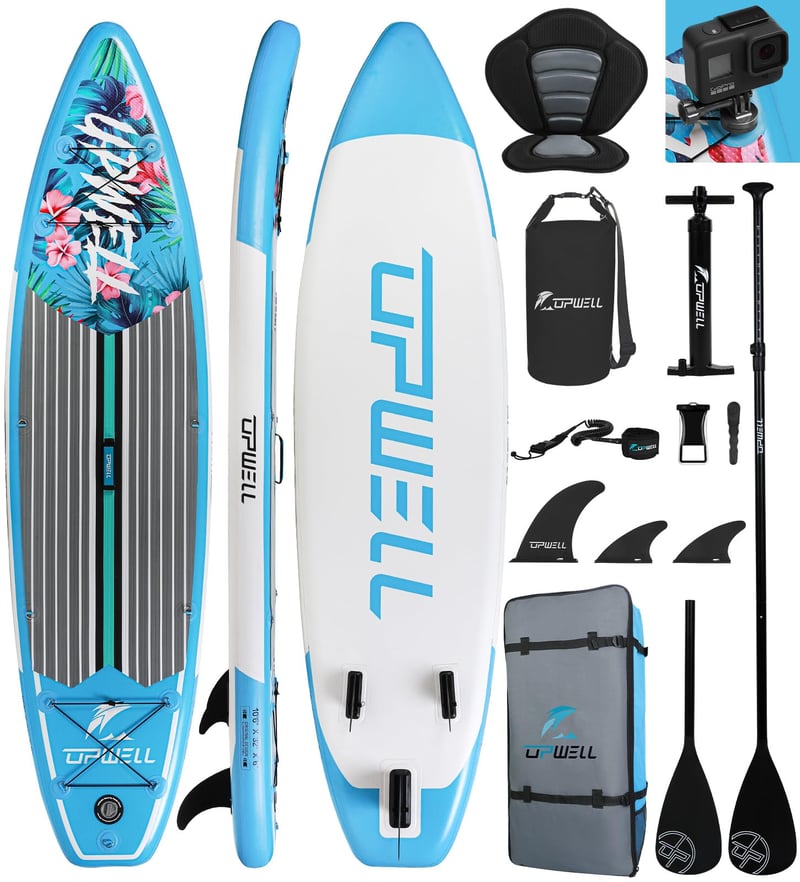 Nafukovací paddleboard UPWELL SUP 320/335 cm pre dospelých a tínedžerov, s batohom, 10 l vodotesným vakom, veslom 2 v 1, poistným popruhom, ručnou pumpou a plutvami