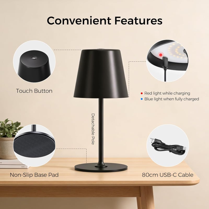 UPXNBOR LED Érintésérzékeny Asztali Lámpa Akkumulátoros 2db Fekete Vízálló - Pack of 2, Black