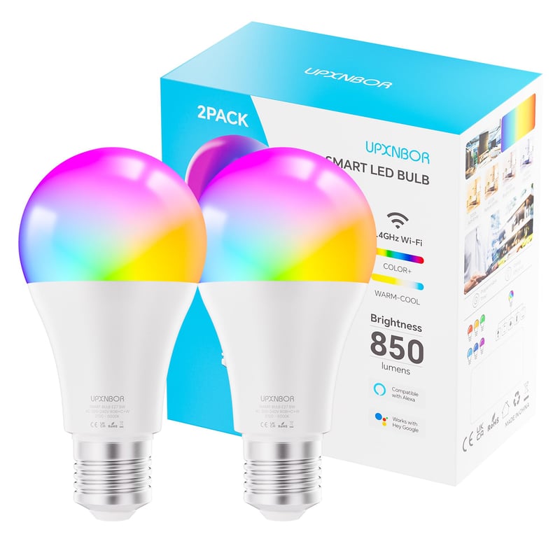 UPXNBOR Pametna LED žarulja E27 9W, RGBWW 16 milijuna boja, 850 lm, prigušiva WLAN pametna žarulja, kompatibilna s Alexa i Google Assistant, 2,4 GHz, 2 komada