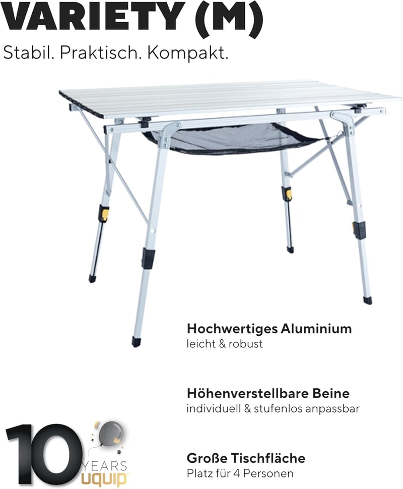 Uquip Variety M Összecsukható Alumínium Kempingasztal 4 Személyes Magasságállítható Ezüst 89x53cm