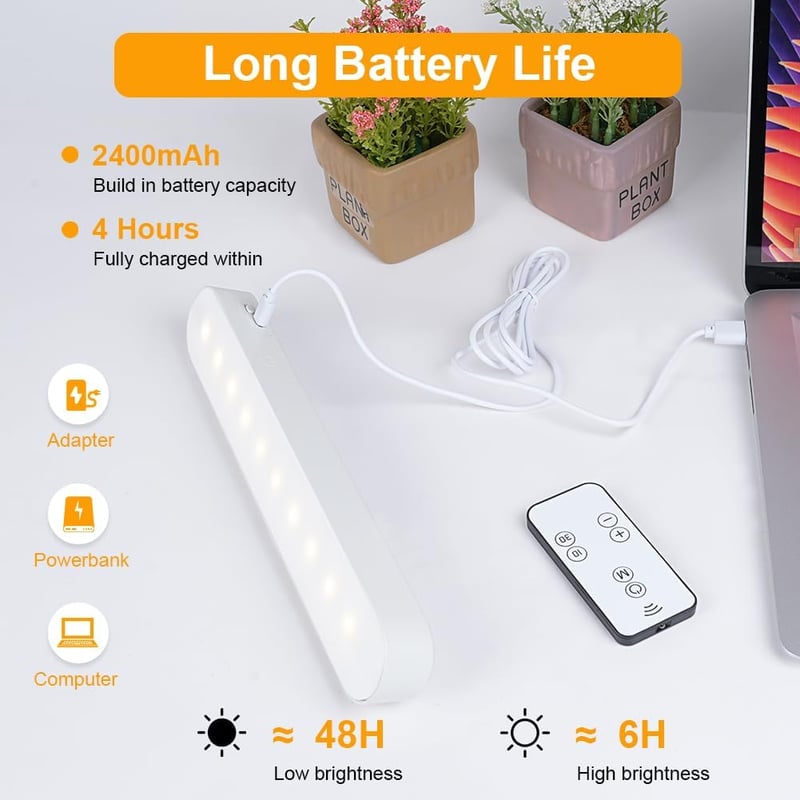 URAQT 26 cm LED szekrénylámpa, 3 módú dimmelhető távirányítós, USB töltős mágneses szalagfény