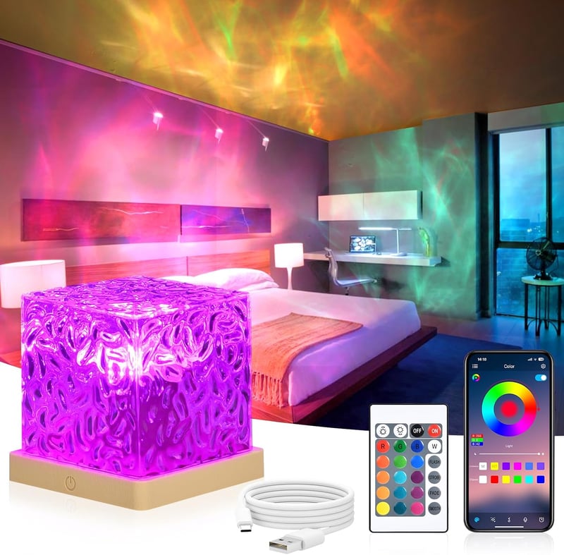 Proiector de stele URAQT, lampă de noapte cu cristale, 16 culori, 30 moduri de iluminare, LED reîncărcabil 1200mAh, control prin telecomandă și aplicație, pentru dormitor