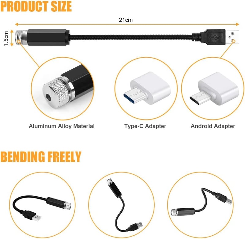 URAQT LED Autó Plafon Csillagfény 2db USB Hangulatlámpa Többféle Mód