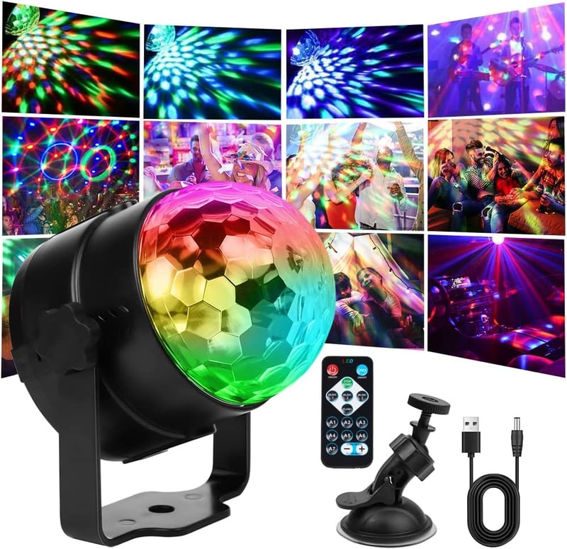 URAQT LED Diszkógömb - 360° Forgó Partyfény Távirányítóval, 7 RGB Színmóddal, Zenére Változó Fényekkel, USB Kábellel Bulikhoz, Gyerekzsúrhoz