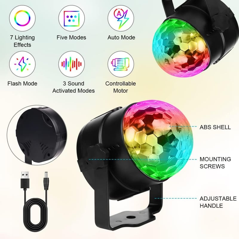 URAQT LED Diszkógömb - 360° Forgó Partyfény Távirányítóval, 7 RGB Színmóddal, Zenére Változó Fényekkel, USB Kábellel Bulikhoz, Gyerekzsúrhoz