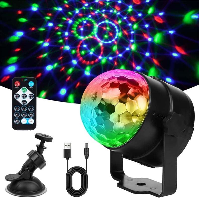 URAQT LED Diszkógömb - 360° Forgó Partyfény Távirányítóval, 7 RGB Színmóddal, Zenére Változó Fényekkel, USB Kábellel Bulikhoz, Gyerekzsúrhoz