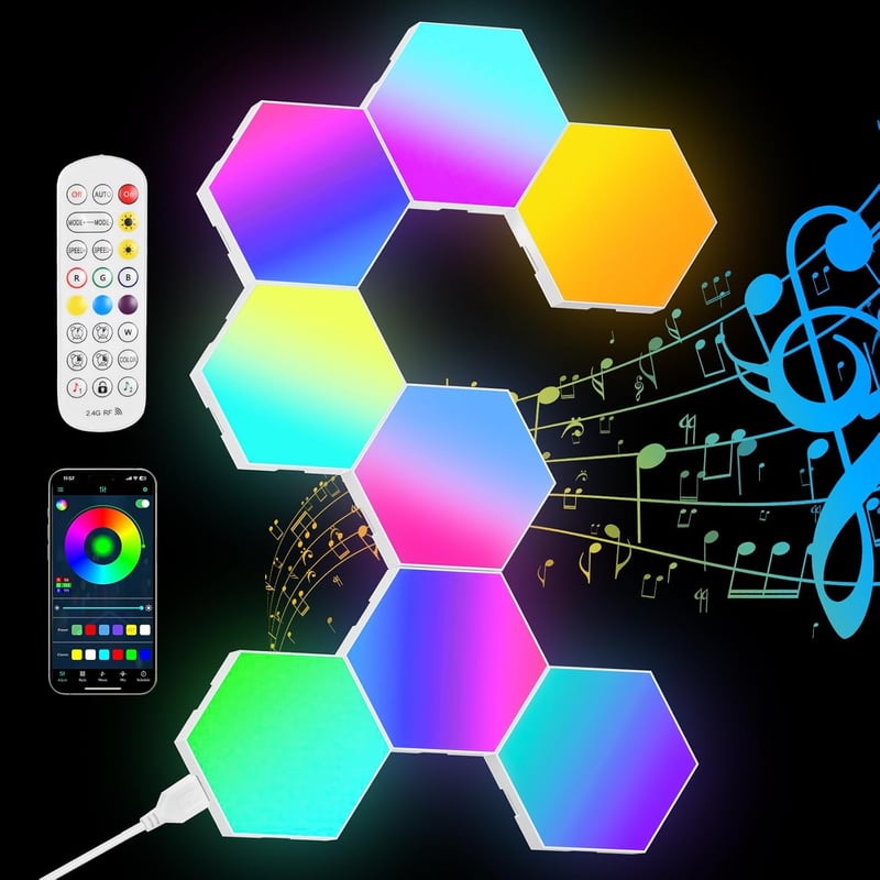 URAQT LED Hexagon Gaming Fali Lámpa 8db RGB Okos Panelok Zeneszinkron Appvezérlés - Multi-coloured - 8 Pieces