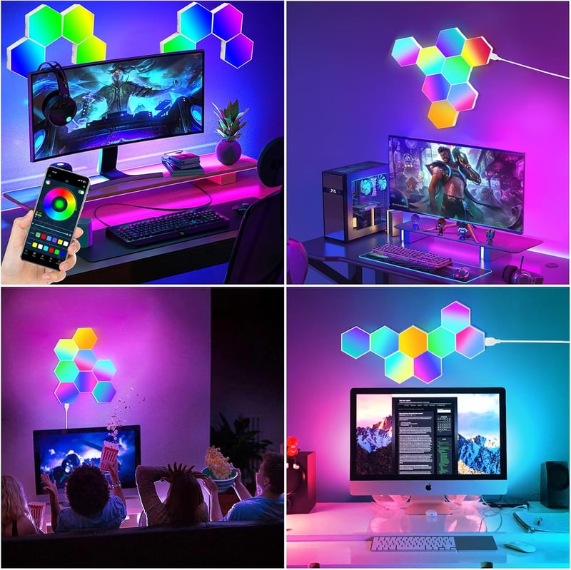 URAQT LED Hexagon Gaming Fali Lámpa 8db RGB Okos Panelok Zeneszinkron Appvezérlés - Multi-coloured - 8 Pieces
