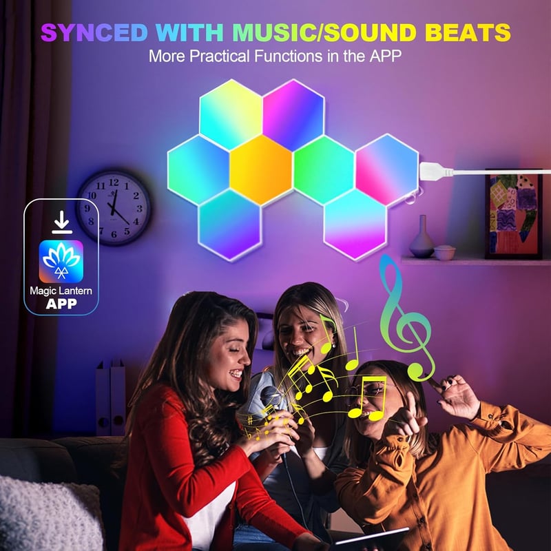 URAQT LED Hexagon Gaming Fali Lámpa 8db RGB Okos Panelok Zeneszinkron Appvezérlés - Multi-coloured - 8 Pieces