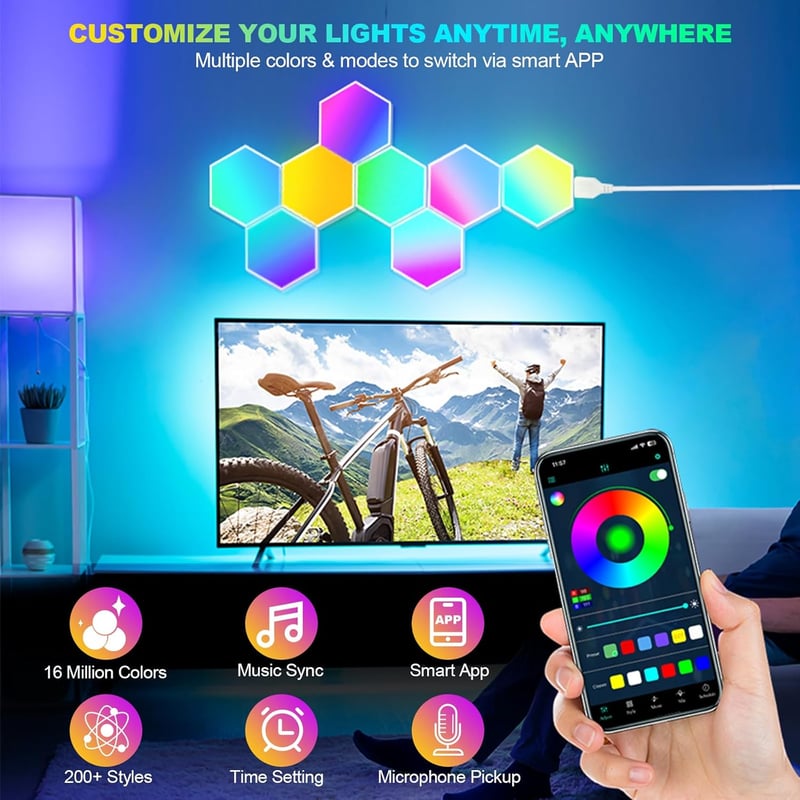 URAQT LED Hexagon Gaming Fali Lámpa 8db RGB Okos Panelok Zeneszinkron Appvezérlés - Multi-coloured - 8 Pieces