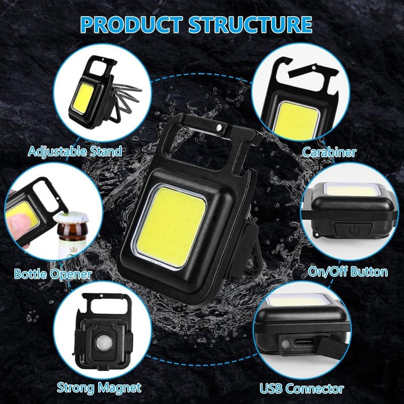 URAQT Mini LED Munkalámpa 2db - 800 Lumen COB Kulcstartós Zseblámpa 4 Üzemmóddal, USB Tölthető, Mágneses Talppal, Sörnyitóval Kempinghez, Au