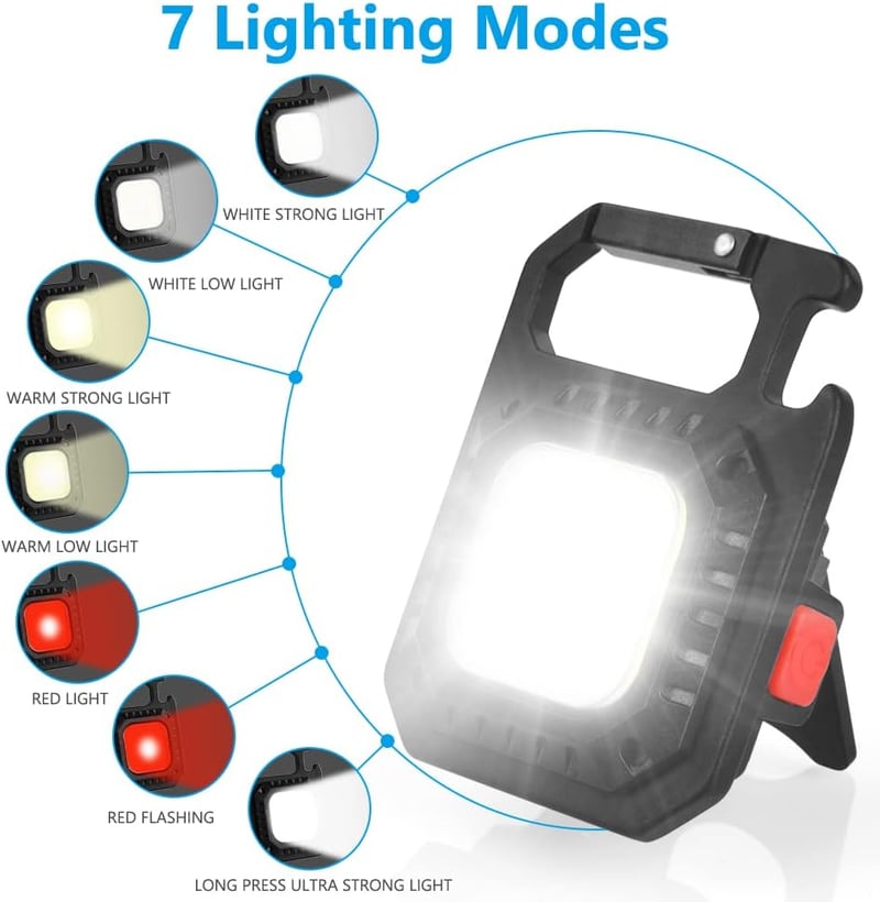 URAQT Mini LED Munkalámpa 800 Lumen 7 Üzemmóddal - Tölthető Kulcstartós Zseblámpa Mágneses Talppal és Sörnyitóval Kempinghez, Autóhoz