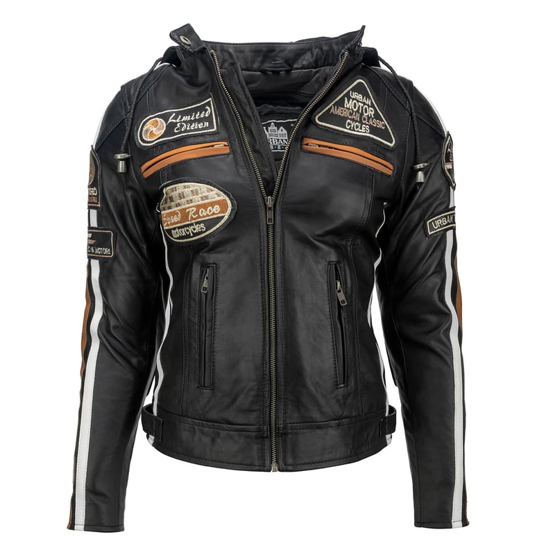 Geacă moto damă URBAN 5884 din piele de miel cu protecții – Protecție pentru spate, umeri și coate – Negru – Mărimea 3XL
