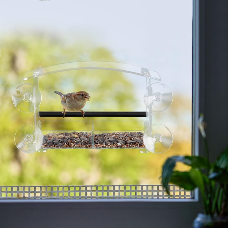 Urban Deco ablakra szerelhető madáretető erős tapadókorongokkal, akril madáretetővel