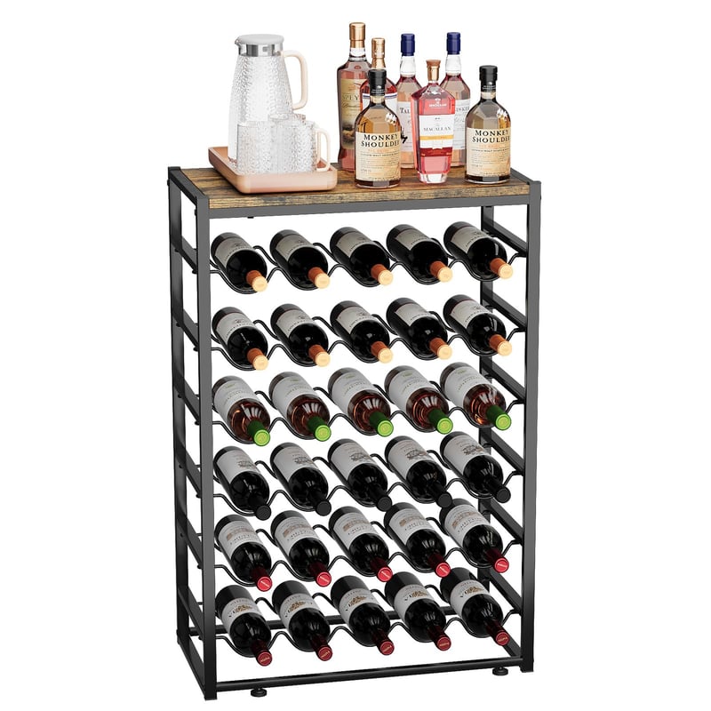 Urban Deco metalni stalak za vino za 30 boca, s drvenom pločom - crni - 59x30x89 cm