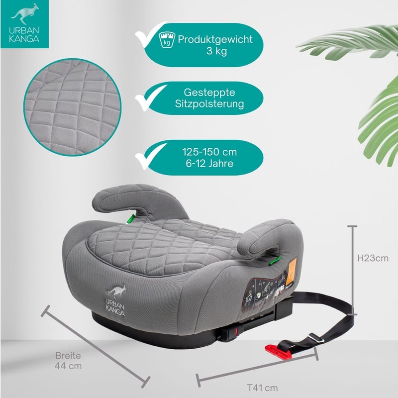 Urban Kanga szürke bélelt ülésmagasító autóba 125-150 cm i-Size R129 ISOFIX vállheveder-vezetővel