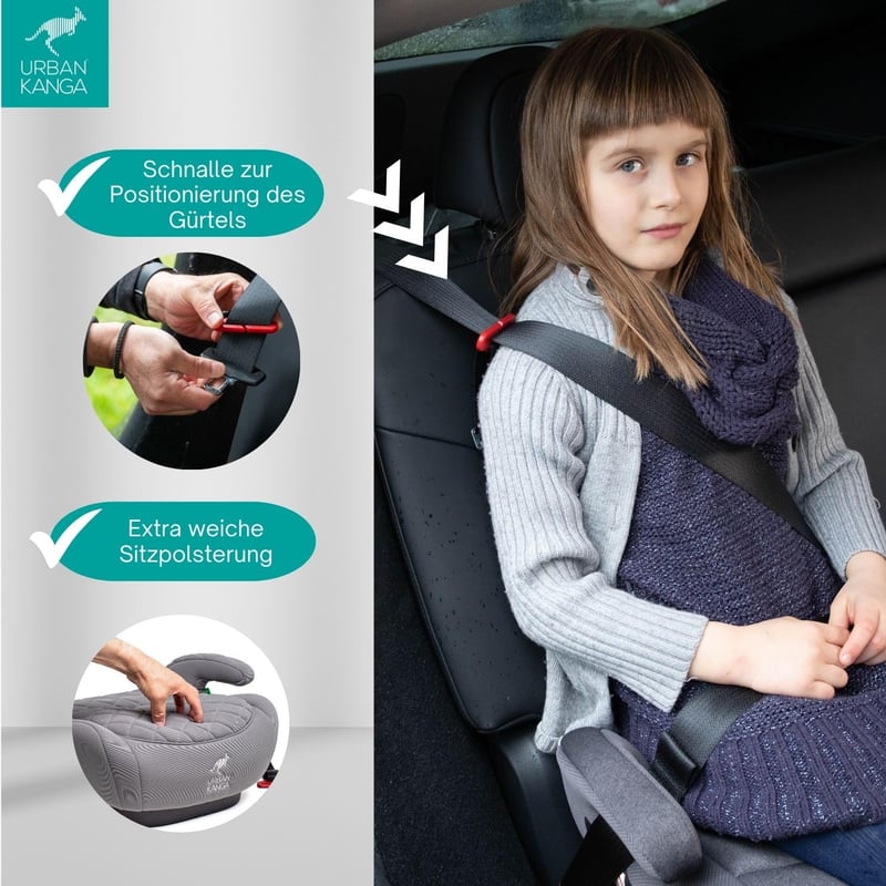 Urban Kanga szürke bélelt ülésmagasító autóba 125-150 cm i-Size R129 ISOFIX vállheveder-vezetővel