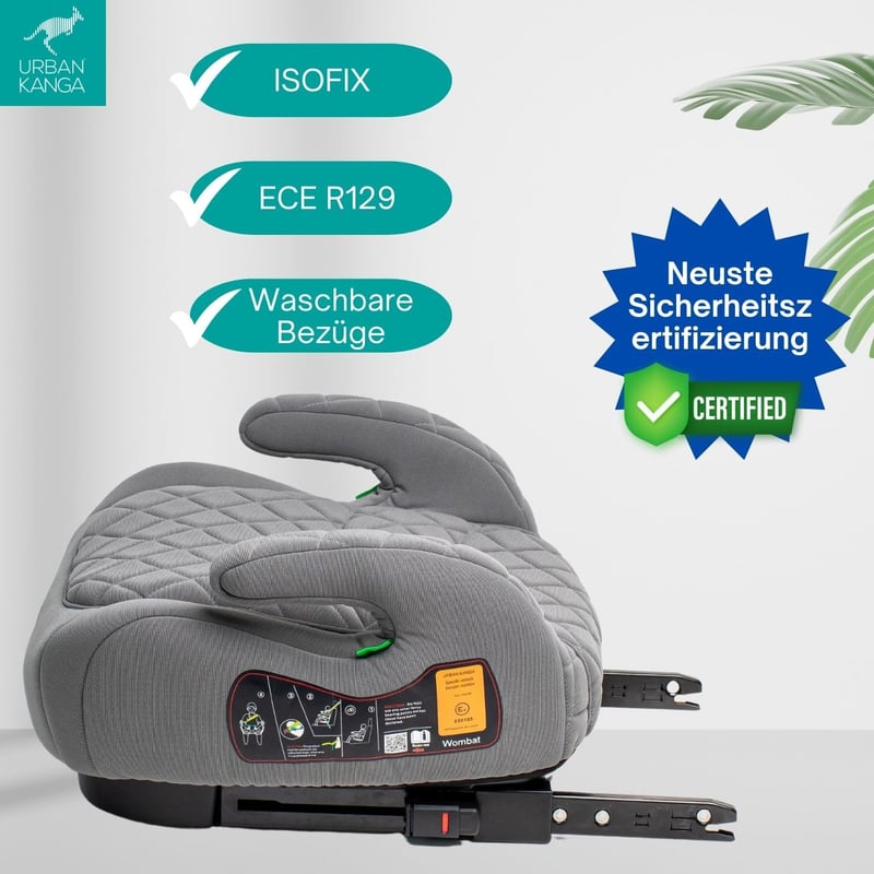 Urban Kanga szürke bélelt ülésmagasító autóba 125-150 cm i-Size R129 ISOFIX vállheveder-vezetővel