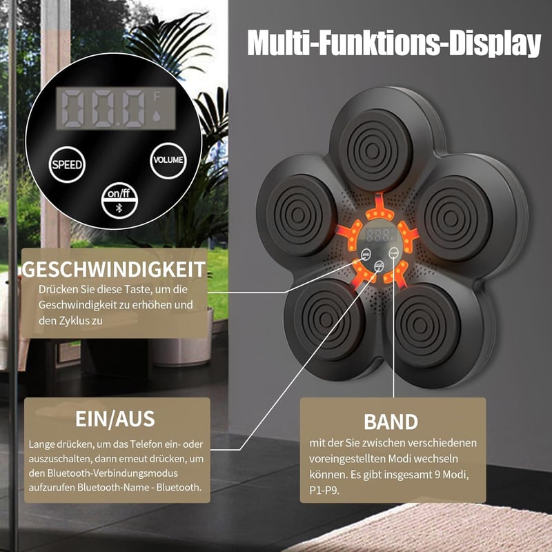 URCheers Fali Boxgép Bluetooth Zenei Funkcióval - Falra Szerelhető Ütőpárna PU Bőrből Felnőtteknek és Gyerekeknek, Fekete Kesztyűvel
