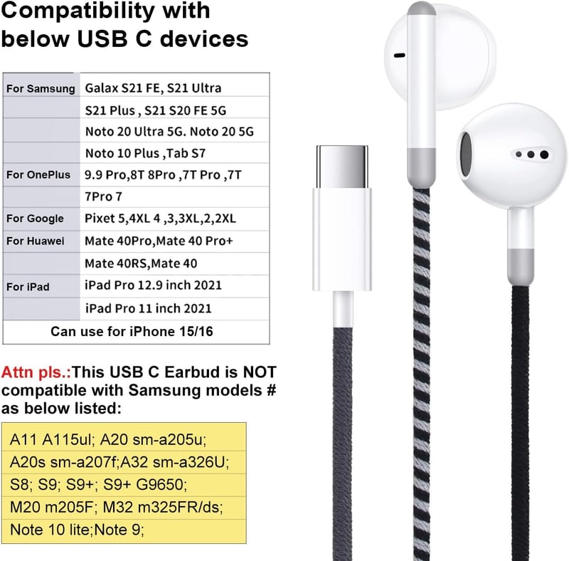 URIZONS USB-C Fülhallgató Mikrofonnal - Színes Vezetékes In-Ear Headset Hangerőszabályzóval iPhone 15/16 Huawei Kompatibilis
