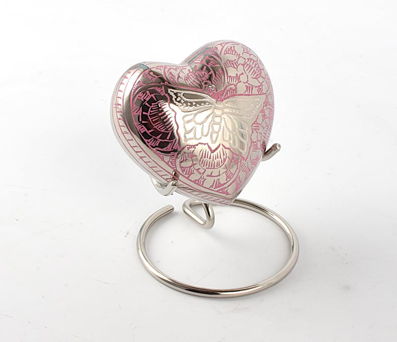 UrnsWithLove Mini urnă funerară în formă de inimă cu model de fluture, urnă memorială roz cu cutie și suport