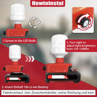 URUN 18V LED Munkalámpa Einhell Akkuhoz, 1300 Lm Reflektor Szereléshez 2