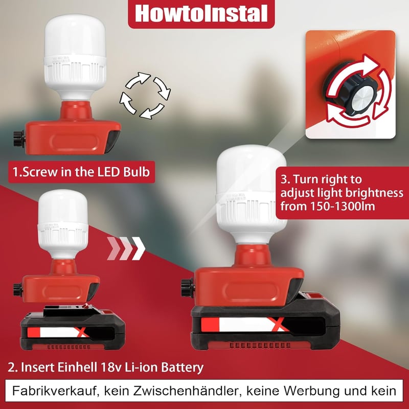 URUN 18V LED Munkalámpa Einhell Akkuhoz, 1300 Lm Reflektor Szereléshez