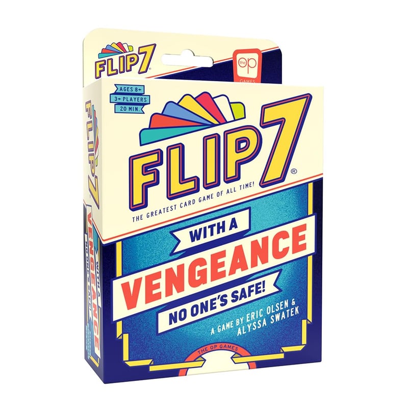 USAopoly Flip 7: with a Vengeance kartová hra – Samostatná hazardná hra s akčnými kartami – Rýchla rodinná a spoločenská hra od 8 rokov