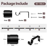 USFOOK Čierna teleskopická záclonová tyč 80-148 cm, priemer 25 mm, s valcovými koncovkami, kovová posuvná garniža do obývačky a spálne 8