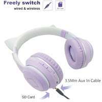 Detské Bluetooth slúchadlá Usoun s mačacími ušami a LED osvetlením, fialové, s mikrofónom, skladacie, bezdrôtové a káblové, slot na TF kartu, 3,5 mm jack 6