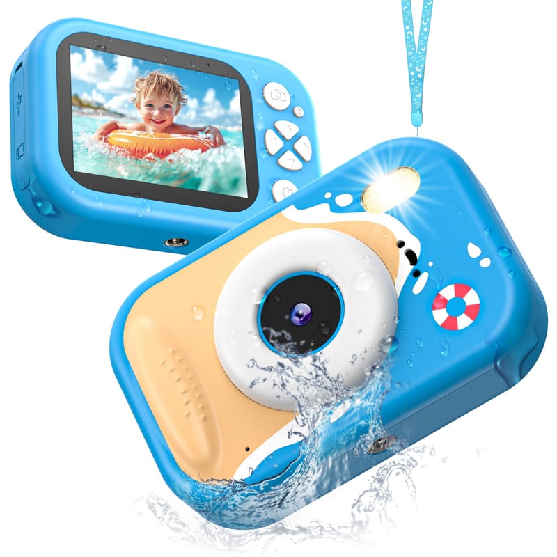 Usteetic Vodotesný detský digitálny fotoaparát 48MP 1080P modrý, 2,4-palcový displej, LED blesk, TF karta, pre dievčatá a chlapcov od 3 do 12 rokov