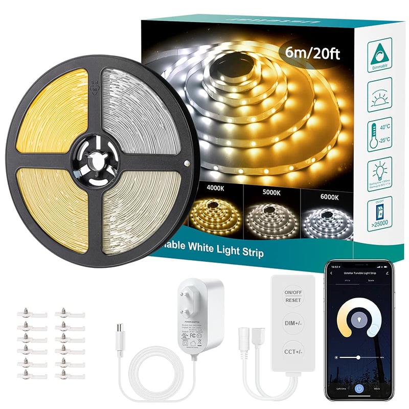 Ustellar 6 m WiFi inteligentný LED pás, biely, 3000-6000K, stmievateľný, kompatibilný s Alexa a Google Assistant, 672 LED, 2835, 24V, ovládanie cez aplikáciu