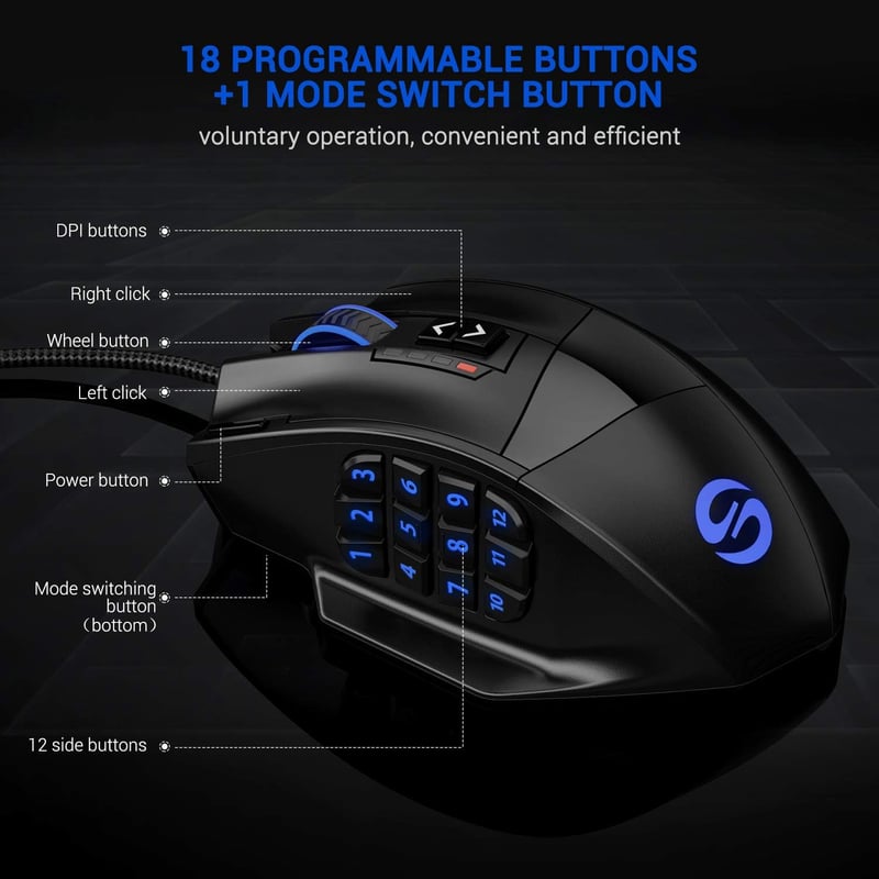 UtechSmart Venus Gamer Egér 12 Programozható Gombbal, 16400 DPI Lézeres Érzékelő, Állítható RGB Világítás, MMO Játékokhoz, PC Kompatibilis