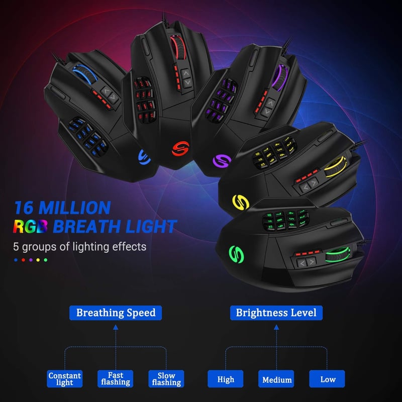 UtechSmart Venus Gamer Egér 12 Programozható Gombbal, 16400 DPI Lézeres Érzékelő, Állítható RGB Világítás, MMO Játékokhoz, PC Kompatibilis