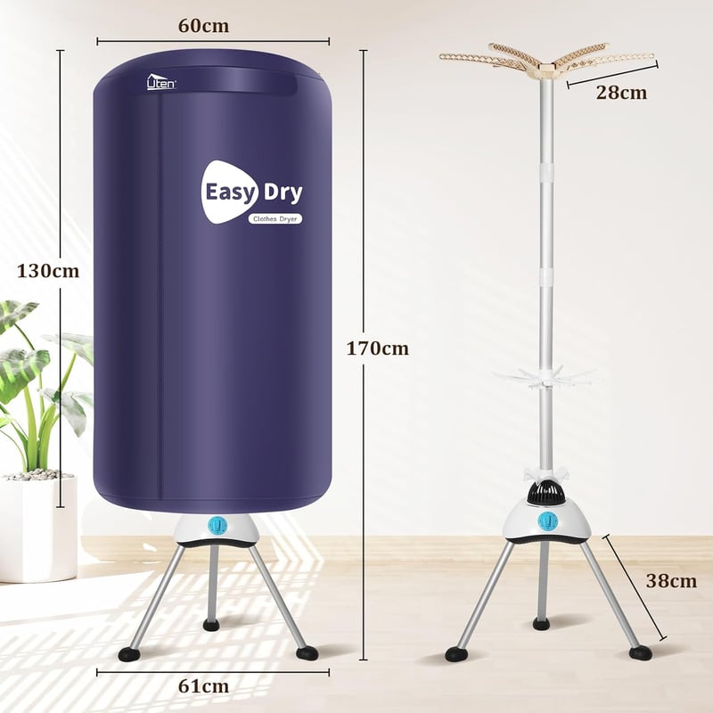 Uten 1000W Hőszivattyús Szárítógép Időzítővel, Kétszintes Elektromos Ruhaszárító Sötétkék