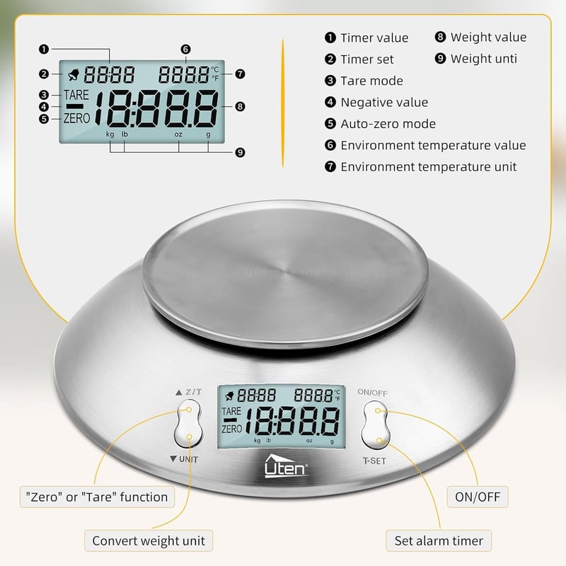 Uten Digitális Konyhai Mérleg Rozsdamentes Tálcával 5kg, Hőmérséklet Szenzorral